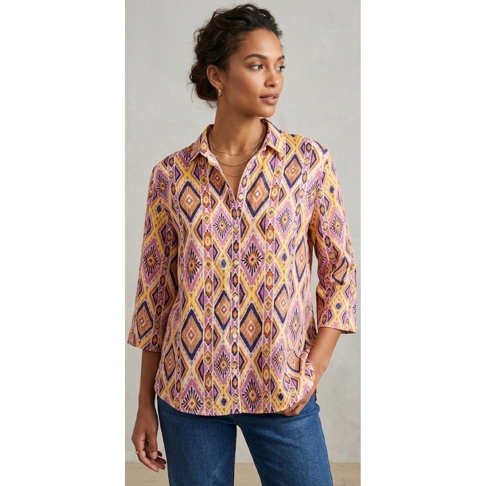 Chicos No Iron 100% Linen Shirt Ikat Geometric Diamond Print Size Large